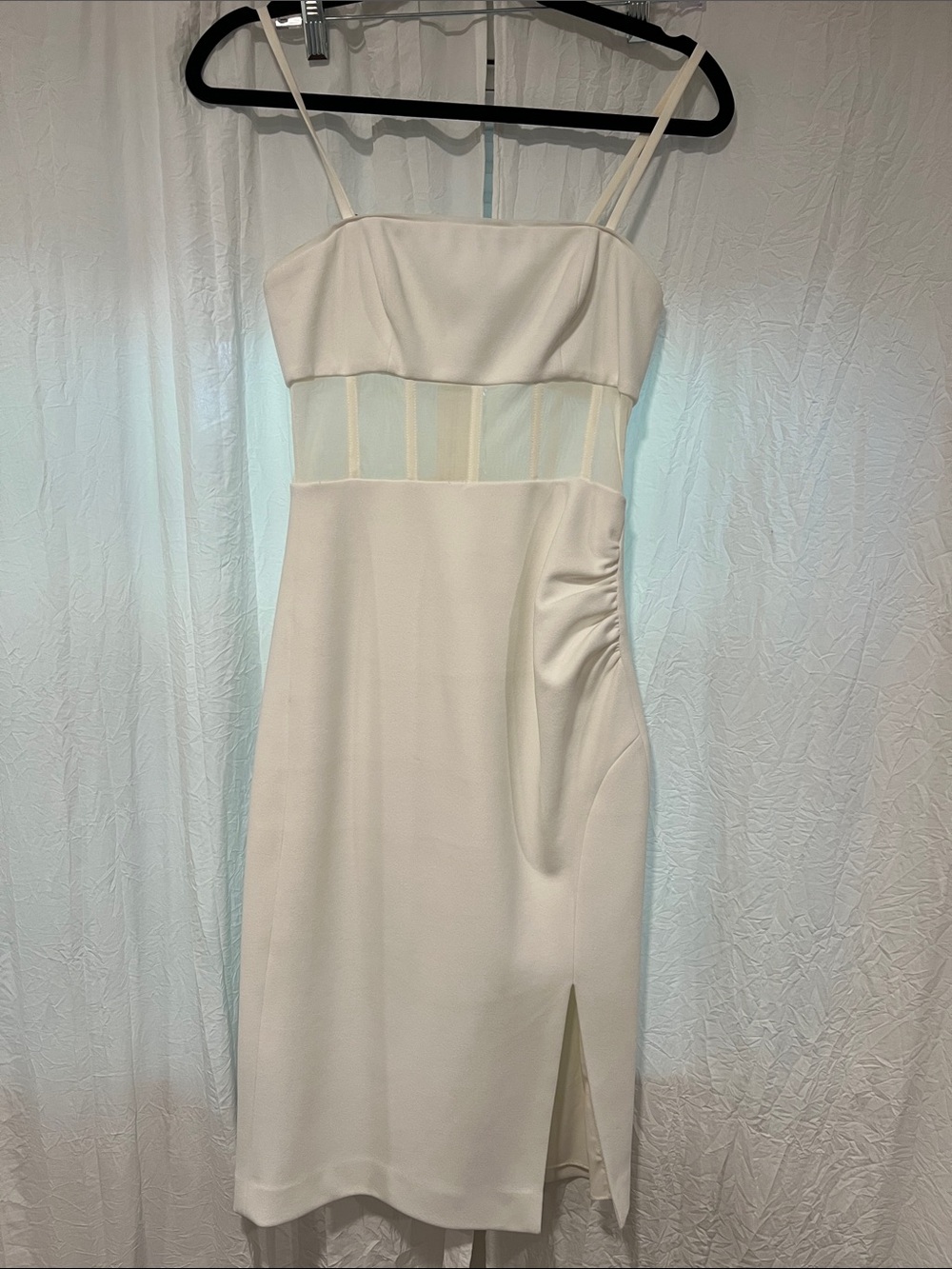 BCBGMaxAzria Cream Spaghetti-Strap Midi Dress with Sheer Waist Panel